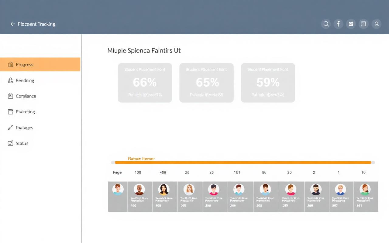 Workplace App dashboard showing placement tracking milestones, student cards, and compliance status